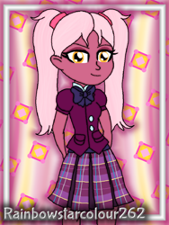 Size: 768x1024 | Tagged: safe, artist:rainbowstarcolour262, derpibooru exclusive, derpibooru import, part of a series, part of a set, oc, oc only, oc:taffycoat, human, series:equ wallpapers, equestria girls, abstract background, bowtie, clothes, crystal prep academy uniform, crystal prep shadowbolts, cutie mark background, eyeshadow, female, golden eyes, makeup, pigtails, plaid skirt, pleated skirt, school uniform, shirt, signature, skirt, solo, twintails