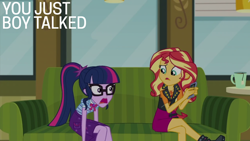 Size: 2000x1125 | Tagged: safe, derpibooru import, edit, edited screencap, editor:quoterific, screencap, sci-twi, sunset shimmer, twilight sparkle, better together, equestria girls, text support, text support: sunset shimmer