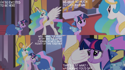 Size: 2000x1125 | Tagged: safe, derpibooru import, edit, edited screencap, editor:quoterific, screencap, princess celestia, twilight sparkle, unicorn twilight, unicorn, the best night ever, clothes, dress, gala dress