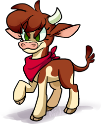 Size: 775x951 | Tagged: safe, artist:wiirdo, derpibooru import, arizona cow, cow, them's fightin' herds, community related, female, raised hoof, raised leg, signature, simple background, solo, transparent background