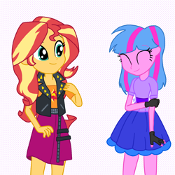 Size: 4000x4000 | Tagged: safe, artist:tricksupmysleeve, derpibooru import, sunset shimmer, oc, oc:bubblegum crayon, equestria girls, clothes