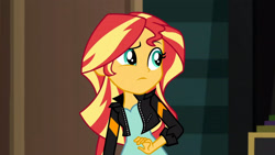 Size: 3072x1727 | Tagged: safe, derpibooru import, screencap, sunset shimmer, human, equestria girls, movie magic, spoiler:eqg specials, clothes, eyebrows, female, frown, jacket, leather, leather jacket, raised eyebrow, solo
