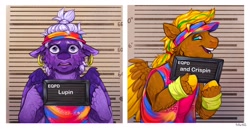 Size: 2048x1054 | Tagged: safe, artist:birdoffnorth, derpibooru import, oc, oc only, oc:crispin, oc:lupin, pegasus, pony, barbie mugshot meme, blue eyes, colored hooves, cyan eyes, duo, ear piercing, earring, freckles, frown, hooped earrings, jewelry, looking at you, meme, mugshot, open mouth, piercing, ponytail, purple eyes, smiling, unshorn fetlocks, visor cap