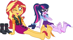 Size: 7831x4329 | Tagged: safe, artist:n0kkun, derpibooru import, edit, sci-twi, sunset shimmer, twilight sparkle, human, better together, equestria girls, adorasexy, barefoot, boots, clothes, cute, feather, feet, fetish, foot fetish, foot focus, foot tickling, foot worship, geode, glasses, laughing, one eye closed, open mouth, open smile, sexy, shoes, shoes removed, simple background, sitting, skirt, smiling, soles, solo, tickle fetish, tickling, toes, transparent background, twiabetes, vector