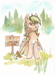 Size: 3464x4696 | Tagged: safe, artist:lightisanasshole, derpibooru import, oc, oc only, oc:sylvia evergreen, pegasus, pony, bow, braid, braided pigtails, cute, female, forest, grass, hammer, mare, mouth hold, pegasus oc, pigtails, ranger, sign, signature, smiling, solo, traditional art, watercolor painting