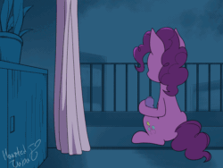 Size: 1200x900 | Tagged: safe, artist:hauntedtuba, derpibooru import, pinkie pie, earth pony, pony, animated, bubble, curtains, facing away, female, gif, loop, mare, signature, sitting, solo