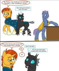 Size: 1012x1216 | Tagged: safe, artist:termyotter, derpibooru import, sunburst, thorax, changeling, pony, unicorn, atg 2023, bipedal, bipedal leaning, leaning, male, newbie artist training grounds, royal guard, stallion