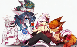 Size: 4450x2734 | Tagged: safe, artist:krissstudios, derpibooru import, oc, oc only, anthro, pegasus, pony, unicorn, chubbie, clothes, flower, shirt