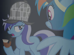 Size: 1280x948 | Tagged: safe, artist:stack-of-cookies, derpibooru import, minuette, rainbow dash, pony, secrets and pies, deerstalker, hat, scene interpretation