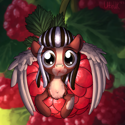 Size: 2000x2000 | Tagged: safe, artist:uteuk, derpibooru import, oc, oc:scrappy rug, pegasus, pony, cute, female, looking at you, mare, raspberry (food), small, tongue, tongue out