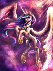 Size: 900x1200 | Tagged: safe, artist:kreativpony, derpibooru import, princess celestia, alicorn, pony, belly, colored, concave belly, crepuscular rays, crown, female, flying, hoof shoes, jewelry, large wings, lighting, long legs, long mane, mare, partially open wings, peytral, princess shoes, regalia, shading, slim, solo, tall, thin, wings