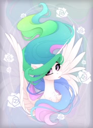 Size: 1100x1500 | Tagged: safe, artist:vird-gi, derpibooru import, princess celestia, alicorn, pony, bust, chest fluff, ear fluff, ears, female, flower, hair over one eye, looking at you, mare, open mouth, portrait, rose, solo, spread wings, wings