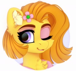 Size: 1405x1300 | Tagged: safe, artist:vird-gi, derpibooru import, oc, oc only, pony, bust, cheek fluff, chest fluff, clothes, colored ear fluff, colored eyebrows, ear fluff, ears, eyeshadow, female, flower, flower in hair, looking at you, makeup, mare, one eye closed, open mouth, open smile, simple background, smiling, solo, white background, wink, winking at you
