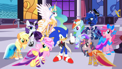 Size: 1192x670 | Tagged: safe, artist:snicket324, derpibooru import, applejack, fluttershy, pinkie pie, princess celestia, princess luna, rainbow dash, rarity, twilight sparkle, crossover, female, male, sonic the hedgehog, sonic the hedgehog (series)