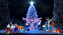 Size: 1194x669 | Tagged: safe, artist:fanvideogames, derpibooru import, twilight sparkle, twilight sparkle (alicorn), alicorn, bugs bunny, cuphead, cuphead (character), goofy (disney), male, mickey mouse, minnie mouse, oswald the lucky rabbit, scrooge mcduck, stella (winx club)