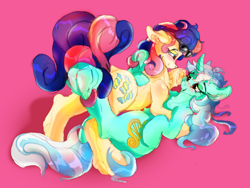 Size: 3200x2400 | Tagged: safe, artist:br0via, derpibooru import, bon bon, lyra heartstrings, sweetie drops, earth pony, pony, unicorn, duo, duo female, female, lesbian, lyrabon, pink background, shipping, simple background