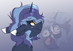 Size: 2490x1731 | Tagged: safe, artist:witchtaunter, derpibooru import, oc, oc only, oc:witching hour, pony, unicorn, ears, faic, floppy ears, freckles, gradient background, lidded eyes, male, screaming, screaming internally, solo