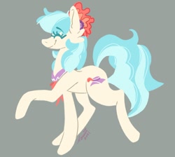 Size: 984x883 | Tagged: safe, artist:namiiarts, derpibooru import, coco pommel, pony, eyes closed, gray background, side view, simple background, smiling, solo, walking