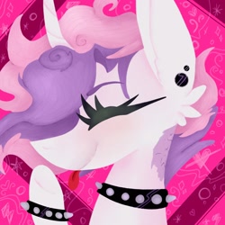 Size: 2500x2500 | Tagged: safe, artist:namiiarts, derpibooru import, sweetie belle, pony, unicorn, bust, choker, ear piercing, eyes closed, piercing, smiling, solo, spiked choker, spiked wristband, wristband