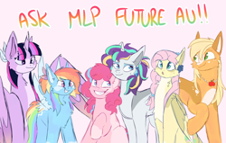 Size: 4358x2772 | Tagged: safe, derpibooru import, applejack, fluttershy, pinkie pie, rainbow dash, rarity, twilight sparkle, twilight sparkle (alicorn), alicorn, earth pony, pegasus, pony, unicorn, g4, ask, cheek fluff, chest fluff, mane six, pink background, simple background