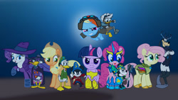 Size: 1192x670 | Tagged: safe, artist:fanvideogames, derpibooru import, applejack, fluttershy, pinkie pie, rainbow dash, rarity, twilight sparkle, armor, crossover, daisy duck, darkwing duck, disney, donald duck, female, goofy (disney), male, mane six, mickey mouse, minnie mouse