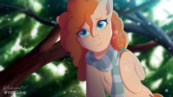 Size: 3141x1774 | Tagged: safe, artist:autumnsfur, derpibooru import, pear butter, earth pony, pony, g4, the perfect pear, adorasexy, attack on titan, blue eyes, blushing, bright, clothes, crossover, cute, daytime, female, freckles, interpretation, logo, looking at you, mare, offscreen character, on top, orange hair, orange mane, orange tail, parody, pearabetes, ponified, pov, raised hoof, raised leg, redraw, scarf, scene interpretation, scene parody, sexy, signature, smiling, smiling at you, species swap, striped scarf, tail, tree, turquoise eyes, under the tree, wholesome