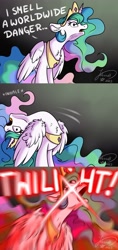 Size: 2414x5120 | Tagged: safe, artist:julunis14, derpibooru import, princess celestia, alicorn, pony, 3 panel comic, comic, dialogue, distortion, female, glowing, glowing eyes, inhaling, inhaling seagull meme, joke, mare, meme, redraw, screaming, signature, silly, solo