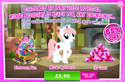 Size: 1961x1298 | Tagged: safe, derpibooru import, nurse redheart, earth pony, pony, advertisement, bush, costs real money, english, female, fireworks, gameloft, gem, hat, mare, mobile game, my little pony: magic princess, numbers, official, sale, solo, stage, text