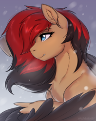 Size: 1968x2492 | Tagged: safe, artist:nightskrill, derpibooru import, oc, oc only, oc:lya the shaikan, pegasus, pony, blue eyes, brown coat, ears up, eyelashes, feathered wings, female, mare, pegasus oc, pony oc, red and black mane, simple background, solo, two toned mane, wings, winter