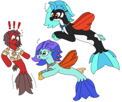 Size: 2696x2252 | Tagged: safe, artist:supahdonarudo, derpibooru import, oc, oc only, oc:icebeak, oc:ironyoshi, oc:sea lilly, seapony (g4), atg 2023, bubble, camera, clothes, exclamation point, jewelry, necklace, newbie artist training grounds, seaponified, shirt, simple background, species swap, surprised, transparent background