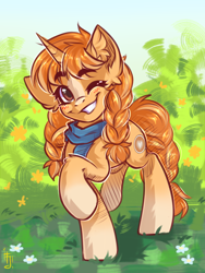Size: 1200x1600 | Tagged: safe, artist:falafeljake, derpibooru import, oc, oc only, pony, unicorn, 2023, braid, bushy brows, clothes, commission, cute, ear fluff, ears, eyebrows, eyebrows visible through hair, flower, grass, horn, looking at you, ocbetes, one eye closed, raised hoof, raised leg, scarf, smiling, smiling at you, solo, thick eyebrows, unicorn oc, wink, winking at you