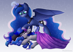 Size: 4600x3300 | Tagged: safe, artist:madelinne, derpibooru import, princess luna, oc, unicorn, blanket, canon x oc, duo, plushie, sleeping, spread wings, wings