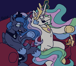Size: 660x577 | Tagged: safe, artist:uppypups, derpibooru import, princess celestia, princess luna, alicorn, pony, banana, bananalestia, belly, blue background, confused, controller, crown, dark blue background, duo, ethereal mane, ethereal tail, explaining, facial hair, female, folded wings, food, gamer luna, gaming, goatee, hand, hoof shoes, horn, jewelry, lidded eyes, looking at something, magic, mare, meme, missing wing, ms paint, multicolored hair, multicolored tail, no pupils, open mouth, peytral, pixel art, pointing, raised hoof, raised leg, regalia, siblings, signature, simple background, sisters, sitting, sofa, tail, talking, teeth, telekinesis, tired, two best sisters play, wings