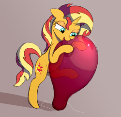Size: 2155x2065 | Tagged: safe, artist:mizhisha, derpibooru import, sunset shimmer, pony, unicorn, equestria girls 10th anniversary, anniversary art, balloon, bipedal, cuddling, female, gray background, hoof hold, hug, lidded eyes, mare, open mouth, raised leg, simple background, smiling, solo, string, that pony sure does love balloons
