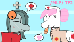 Size: 1246x712 | Tagged: safe, derpibooru import, marble pie, nurse redheart, earth pony, /mlp/ tf2 general, heart, hurt/comfort, life bar, medic, scout, simple background, team fortress 2