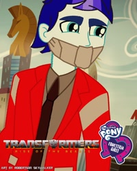 Size: 1080x1350 | Tagged: safe, artist:robertsonskywa1, derpibooru import, equestria girls 10th anniversary, equestria girls, autobot, clothes, crossover, equestria girls-ified, face mask, male, manehattan, mask, optimus prime, photo, poster, solo, transformers, transformers rise of the beasts