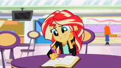 Size: 3072x1727 | Tagged: safe, derpibooru import, screencap, golden hazel, sunset shimmer, human, equestria girls, mirror magic, spoiler:eqg specials, book, canterlot mall, clothes, female, geode of empathy, grin, jacket, jewelry, leather, leather jacket, magical geodes, necklace, smiling, solo focus