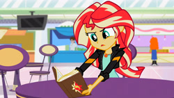 Size: 3072x1727 | Tagged: safe, derpibooru import, screencap, golden hazel, sunset shimmer, human, equestria girls, mirror magic, spoiler:eqg specials, book, canterlot mall, clothes, female, geode of empathy, jacket, jewelry, leather, leather jacket, magical geodes, male, necklace, open mouth, solo focus