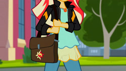 Size: 3072x1727 | Tagged: safe, derpibooru import, screencap, sunset shimmer, human, equestria girls, mirror magic, spoiler:eqg specials, canterlot, clothes, female, geode of empathy, jacket, jewelry, leather, leather jacket, magical geodes, necklace, solo