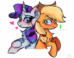 Size: 2048x1620 | Tagged: safe, artist:petaltwinkle, derpibooru import, applejack, rarity, earth pony, pony, unicorn, blushing, bust, chest fluff, exclamation point, female, floating heart, heart, lesbian, mare, rarijack, shipping, signature, simple background, smiling, wavy mouth, white background