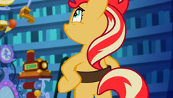 Size: 3072x1727 | Tagged: safe, derpibooru import, screencap, sunset shimmer, pony, unicorn, equestria girls, mirror magic, spoiler:eqg specials, bag, bipedal, female, mare, saddle bag, smiling, solo, twilight's castle