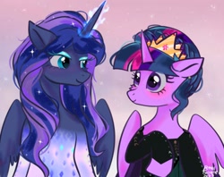 Size: 2048x1620 | Tagged: safe, artist:petaltwinkle, derpibooru import, princess luna, twilight sparkle, twilight sparkle (alicorn), alicorn, pony, alternate hairstyle, blushing, crown, duo, female, frozen (movie), frozen 2, glowing, glowing horn, gradient background, horn, jewelry, looking at each other, looking at someone, mare, regalia