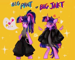 Size: 2048x1620 | Tagged: safe, artist:petaltwinkle, derpibooru import, sci-twi, twilight sparkle, twilight sparkle (alicorn), alicorn, pony, unicorn, bipedal, bubblegum, cigarette, clothes, duo, equestria girls ponified, female, floating wings, food, gum, heart, intentional spelling error, jacket, mare, pants, parachute pants, ponified, simple background, sparkles, text, twolight, unicorn sci-twi, wings, yellow background