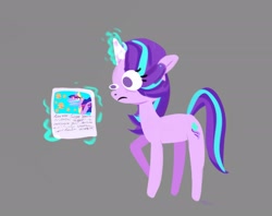 Size: 2048x1620 | Tagged: safe, artist:petaltwinkle, derpibooru import, starlight glimmer, twilight sparkle, twilight sparkle (alicorn), alicorn, pony, unicorn, female, frown, glowing, glowing horn, gray background, horn, levitation, magic, mare, newspaper, simple background, solo, telekinesis, that pony sure does love burgers, twilight burgkle