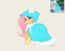 Size: 1024x810 | Tagged: safe, artist:petaltwinkle, derpibooru import, fluttershy, pegasus, pony, beige background, cloak, clothes, cute, female, looking at you, mare, screencap reference, shyabetes, signature, simple background, smiling, smiling at you, solo