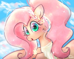 Size: 1024x810 | Tagged: safe, artist:petaltwinkle, derpibooru import, fluttershy, pegasus, pony, alternate hairstyle, bust, clothes, dress, female, heart, heart eyes, jewelry, laurel, looking at you, mare, necklace, open mouth, open smile, signature, smiling, smiling at you, solo, wingding eyes