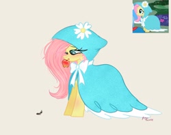Size: 2048x1620 | Tagged: safe, artist:petaltwinkle, derpibooru import, fluttershy, insect, pegasus, pony, ant, apple, beige background, blushing, cloak, clothes, cute, female, food, looking down, mare, mouth hold, screencap reference, shyabetes, signature, simple background, solo