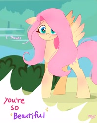 Size: 1620x2048 | Tagged: safe, artist:petaltwinkle, derpibooru import, fluttershy, pegasus, pony, blushing, cute, dialogue, ear blush, ears, floppy ears, looking at you, offscreen character, shyabetes, signature, smiling, smiling at you, solo, spread wings, wings