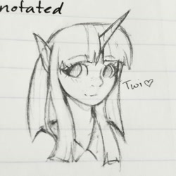 Size: 1494x1494 | Tagged: safe, artist:doekitty, derpibooru import, twilight sparkle, human, bust, elf ears, female, horn, horned humanization, humanized, lined paper, monochrome, sketch, solo, traditional art