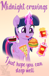 Size: 1150x1788 | Tagged: safe, artist:theretroart88, derpibooru import, part of a set, twilight sparkle, twilight sparkle (alicorn), alicorn, pony, burger, cake, cute, drink, female, food, glowing, glowing horn, hay burger, horn, levitation, magic, magic aura, mare, pizza, plate, solo, telekinesis, twiabetes